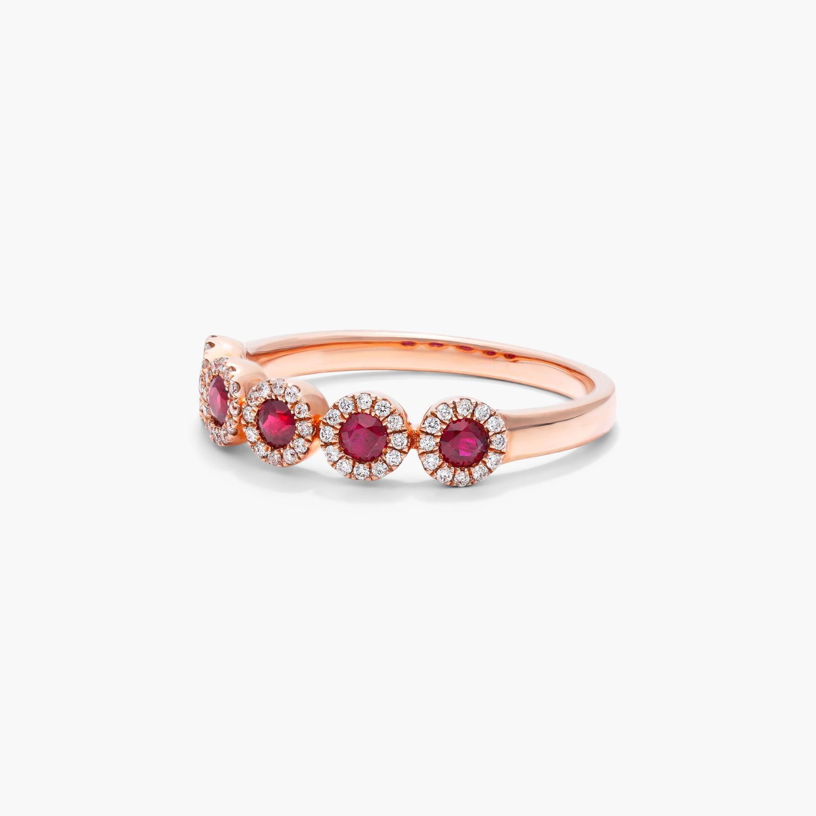 Five Stone Halo Ruby Ring In 14K Rose Gold