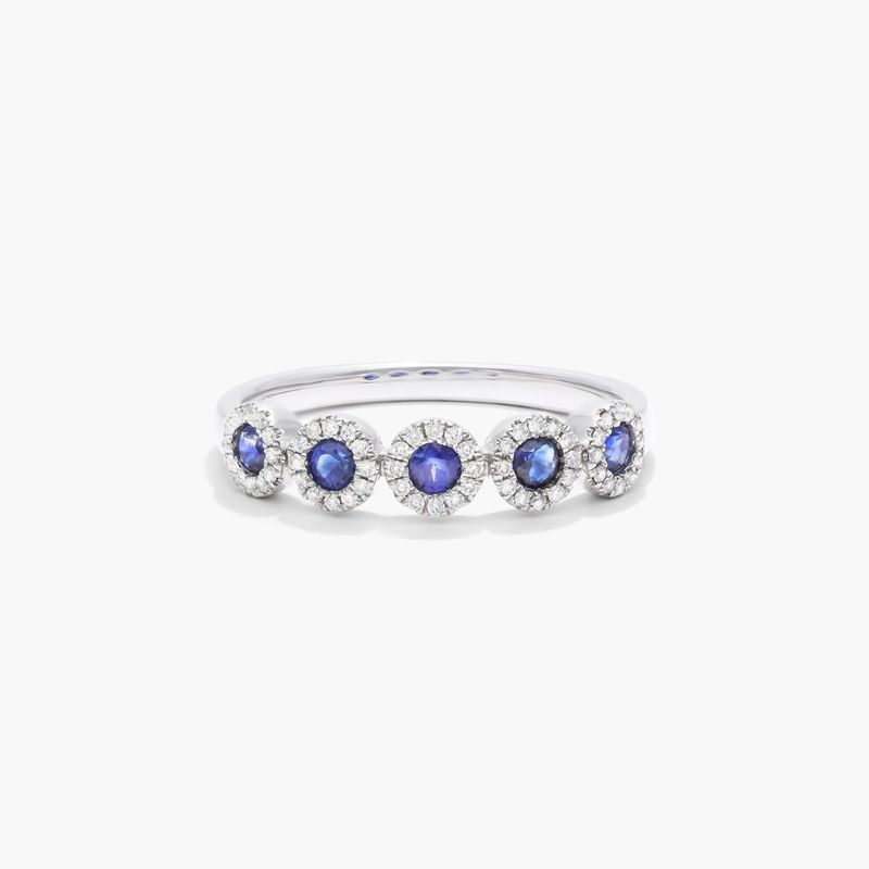 Five Stone Halo Sapphire Ring In 14K White Gold