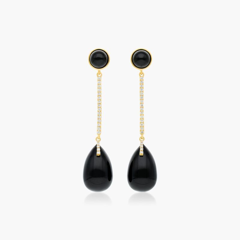 Diamond Bar And Black Onyx Drop Earrings In 18K Yellow Gold