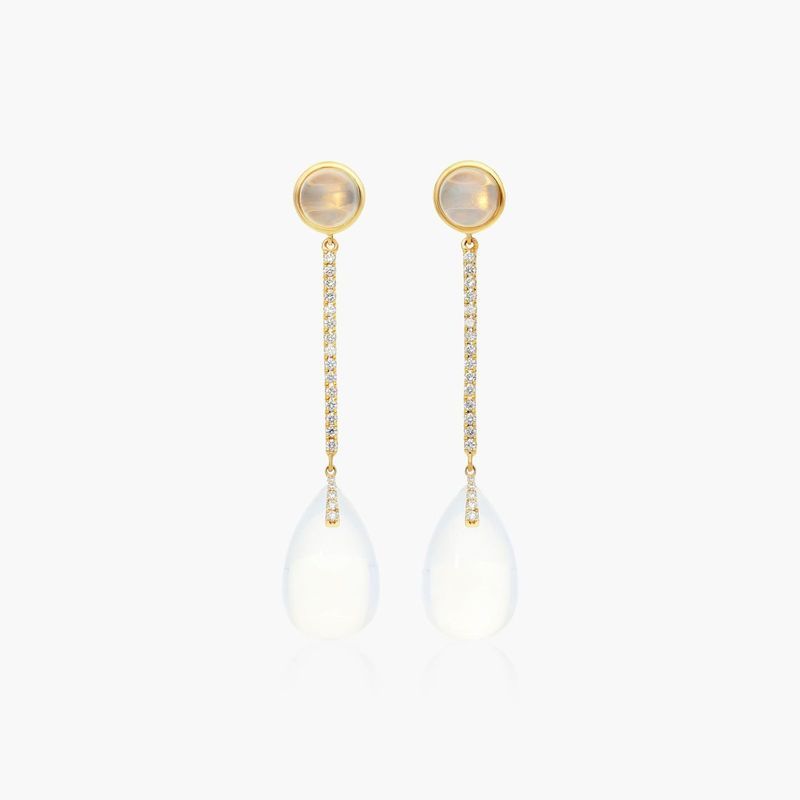 Diamond Bar And Moon Quartz Drop Earrings In 18K Yellow Gold