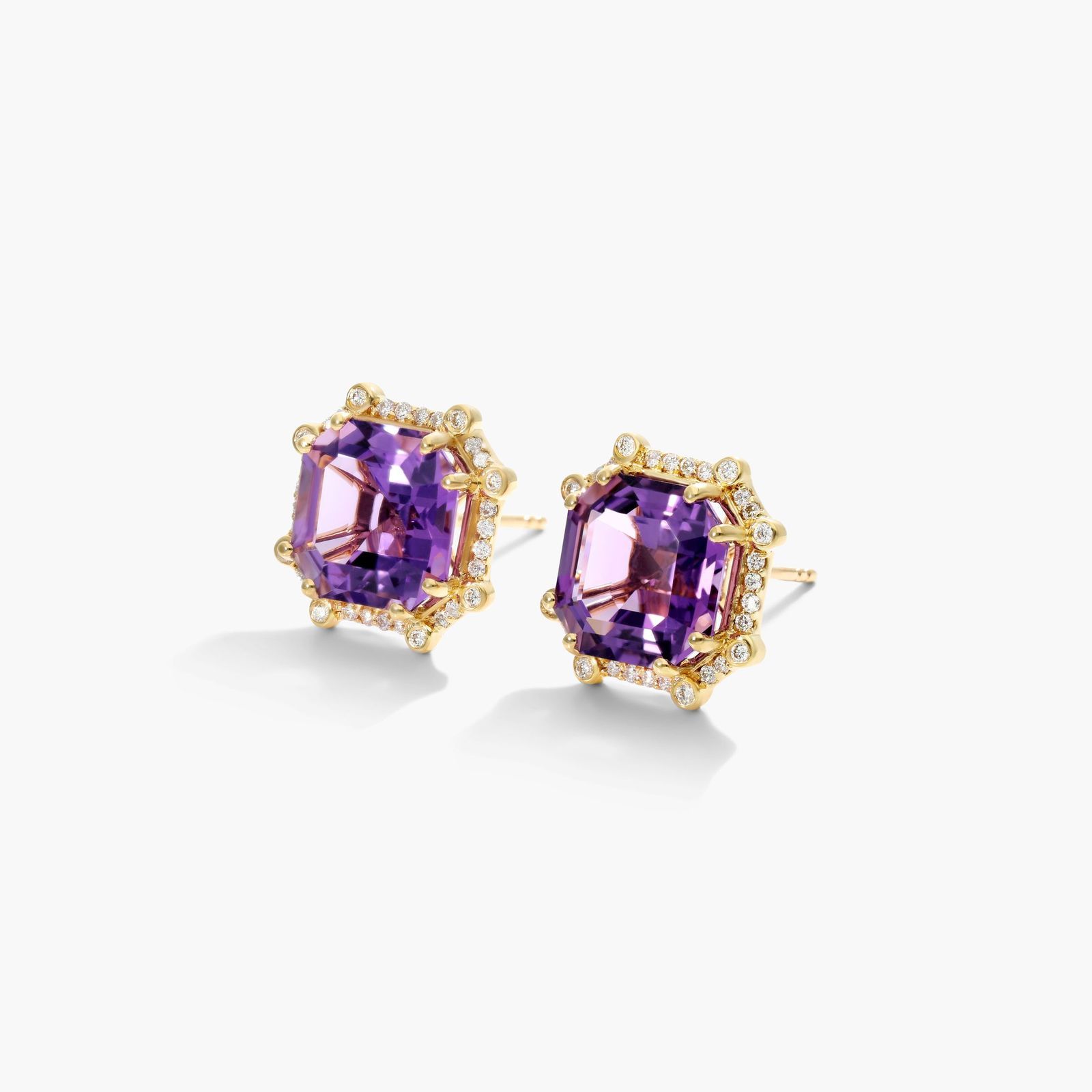 Octagon Amethyst And Diamond Frame Earrings In 18K Yellow Gold