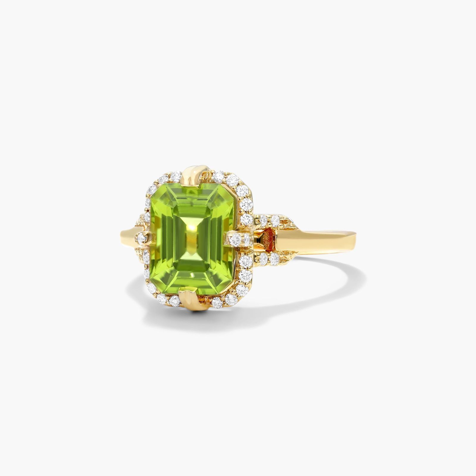 Peridot Diamond Halo Ring In 18K Yellow Gold