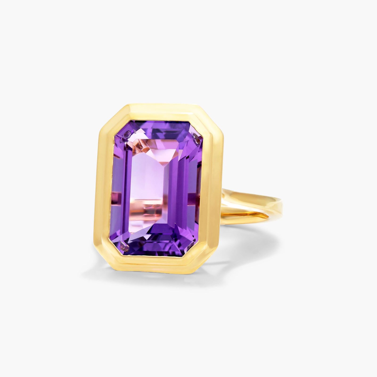 Emerald Cut Bezel Amethyst Cocktail Ring In 18K Yellow Gold