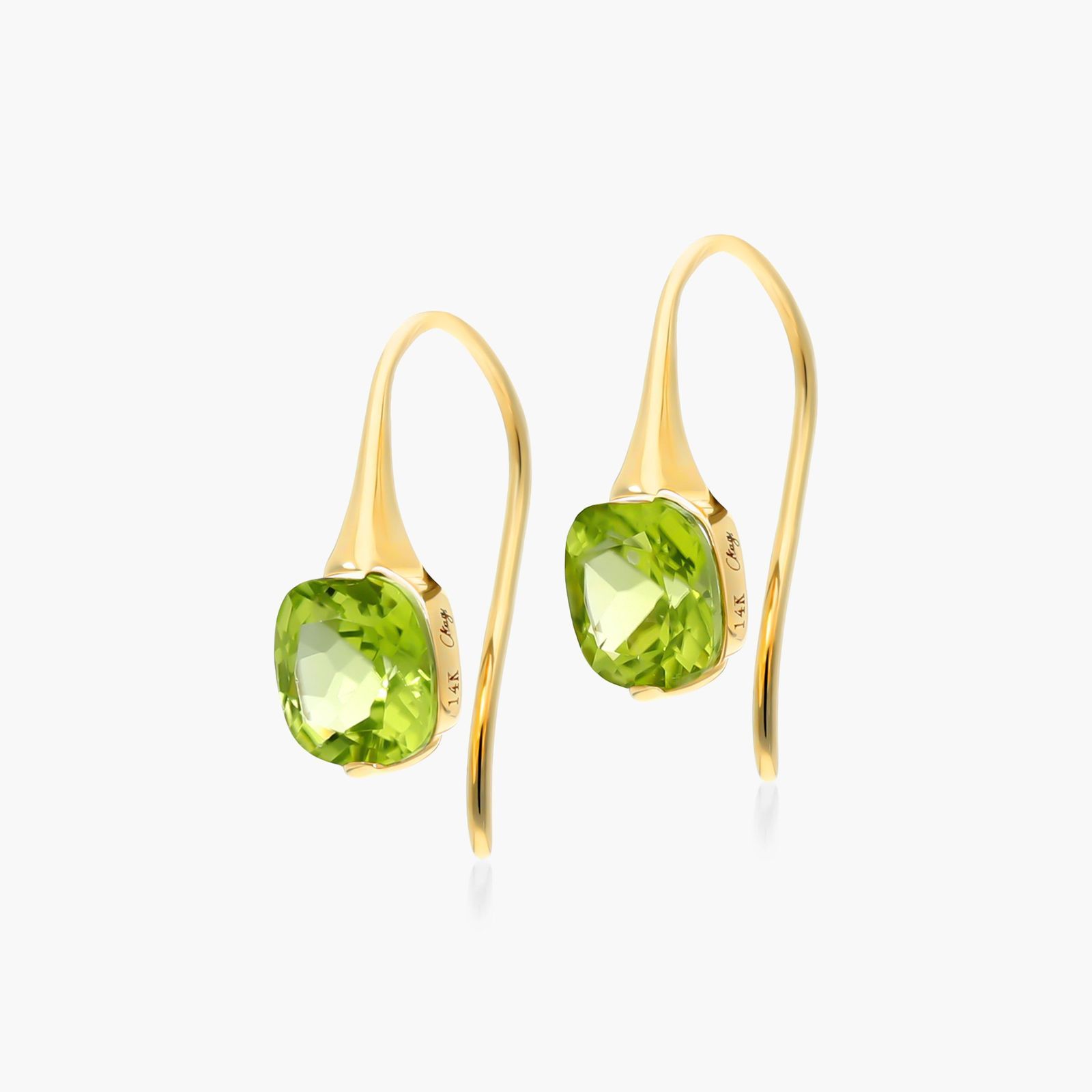 14K Yellow Gold Cushion Peridot Hook Earrings