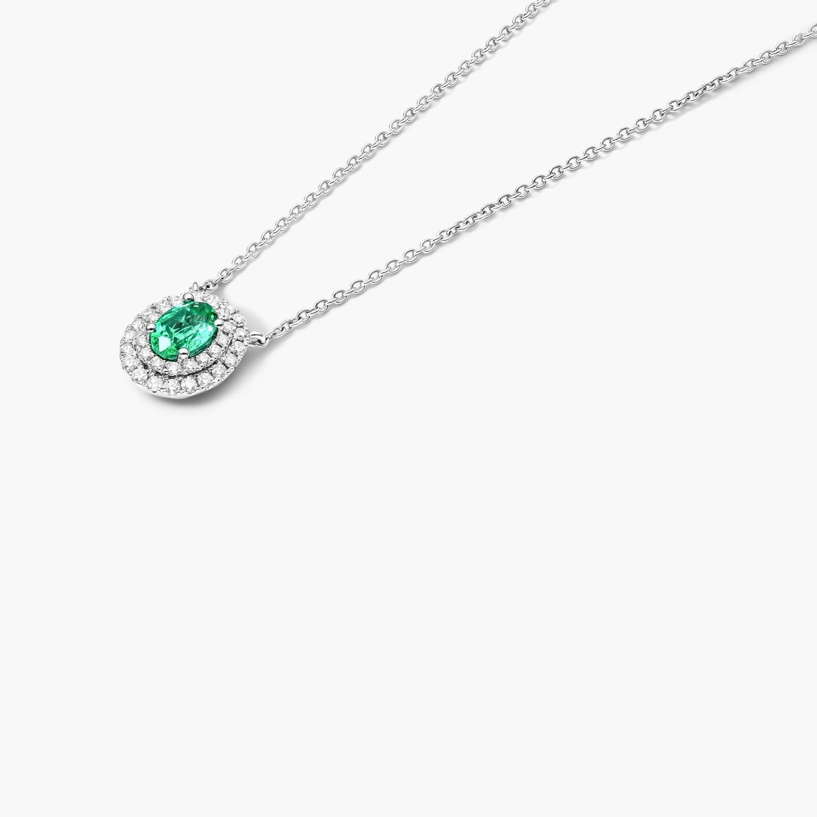 18K White Gold Oval Emerald Double Diamond Halo Necklace