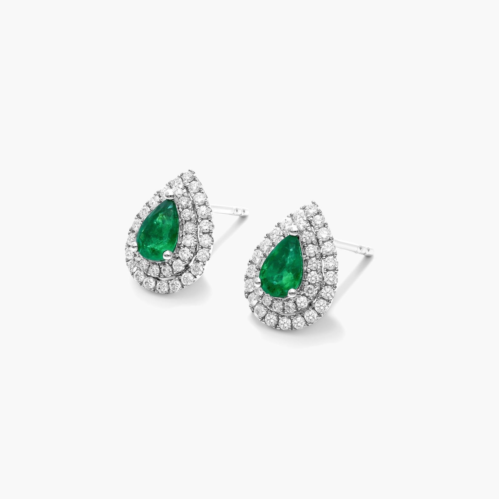 Pear Shape Emerald And Diamond Double Halo Earrings In 18K White Gold