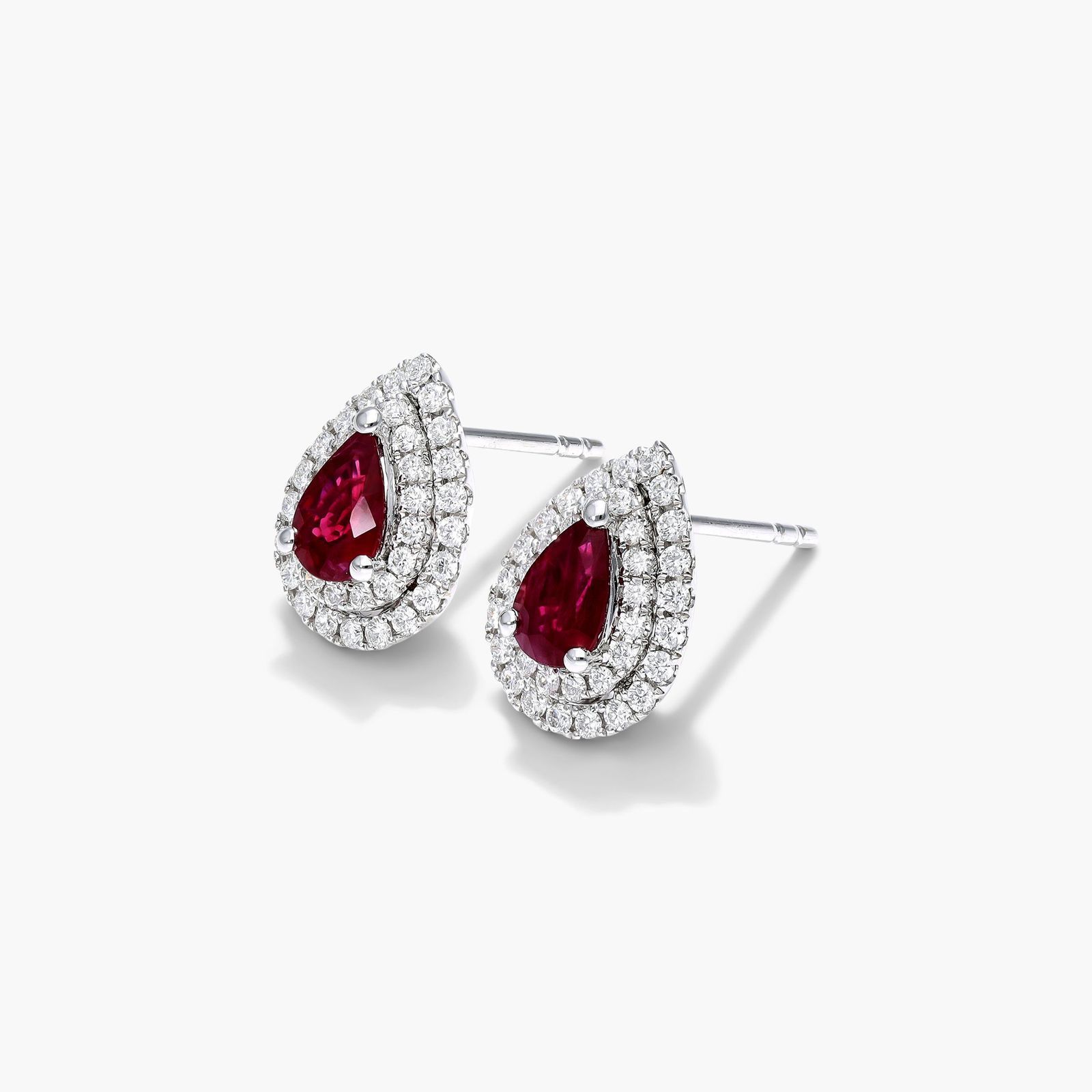 Pear Shape Ruby And Diamond Double Halo Earrings In 18K White Gold