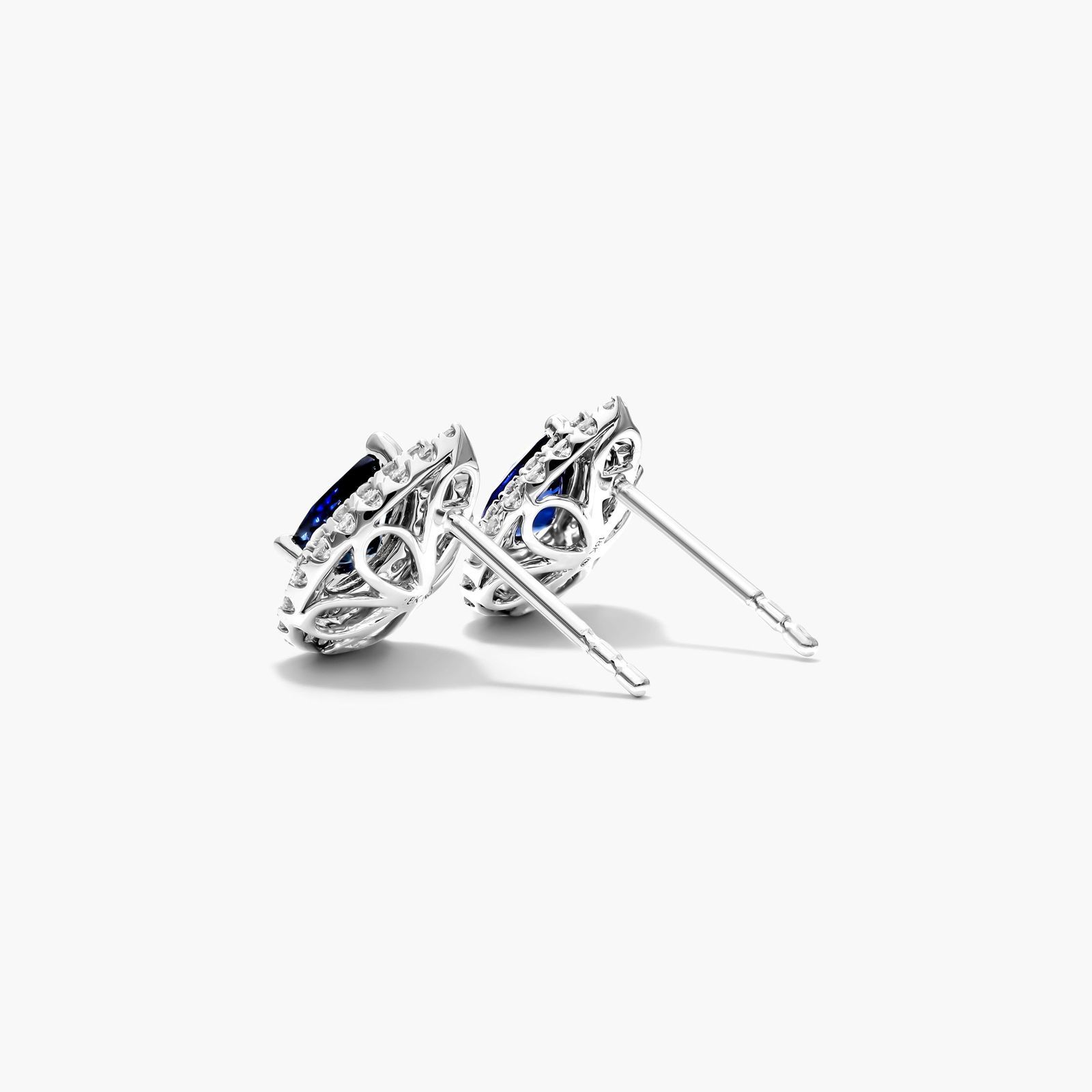 Pear Shape Sapphire And Diamond Double Halo Earrings In 18K White Gold