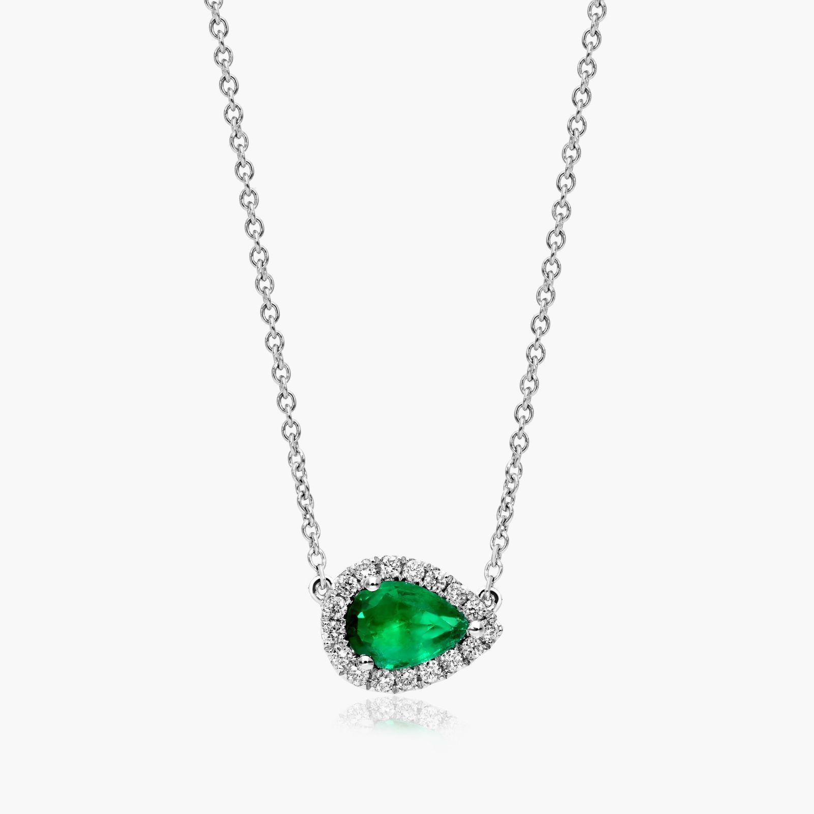 18K White Gold Sideways Pear Emerald and Diamond Halo Necklace