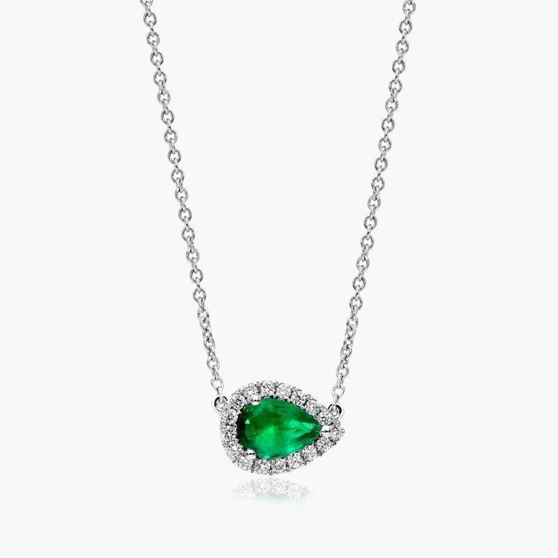 18K White Gold Sideways Pear Emerald and Diamond Halo Necklace