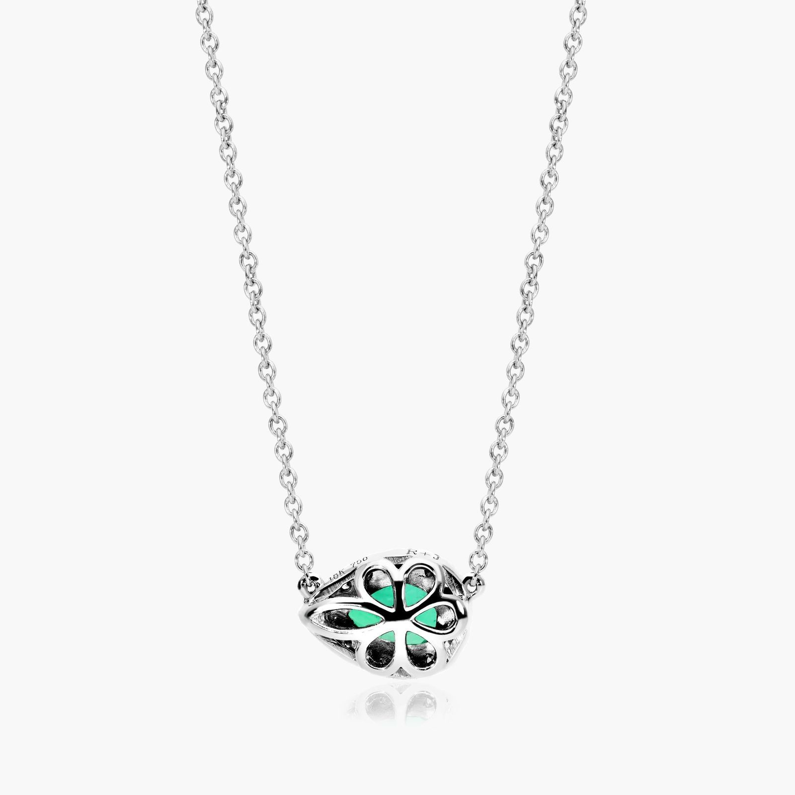 18K White Gold Sideways Pear Emerald and Diamond Halo Necklace