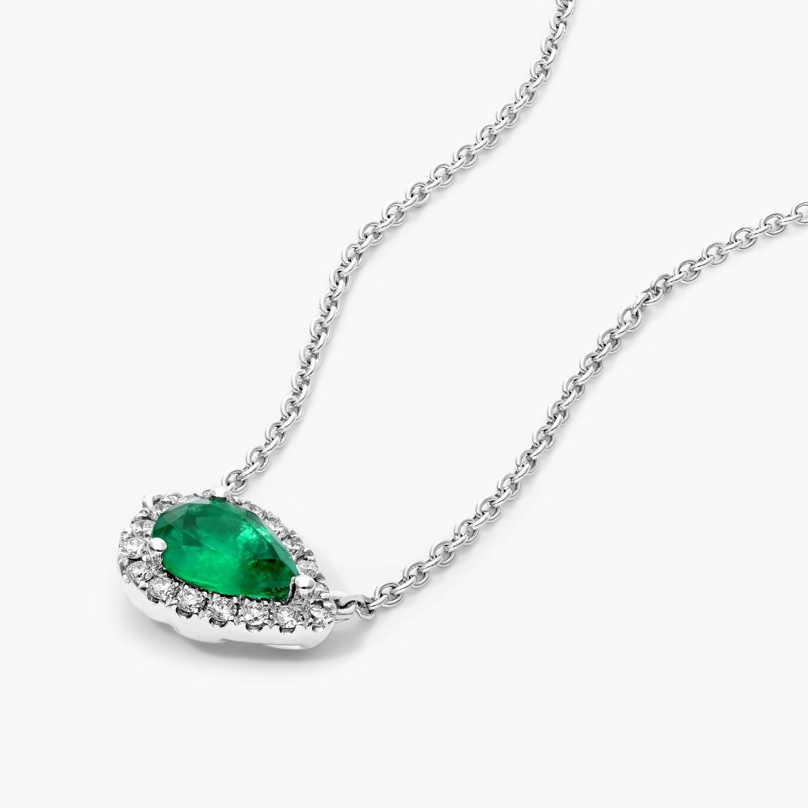 18K White Gold Sideways Pear Emerald and Diamond Halo Necklace