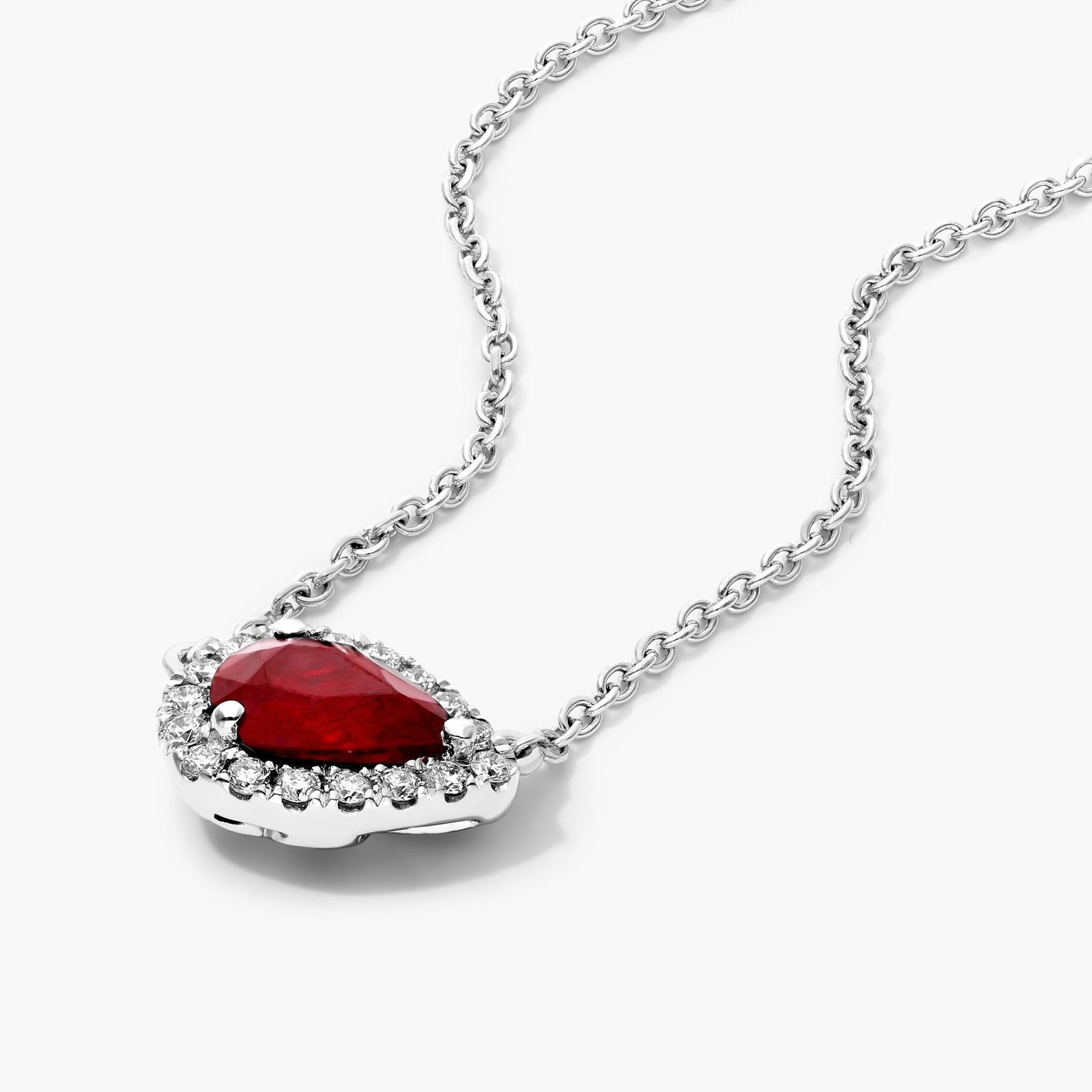 18K White Gold Sideways Pear Ruby and Diamond Halo Necklace