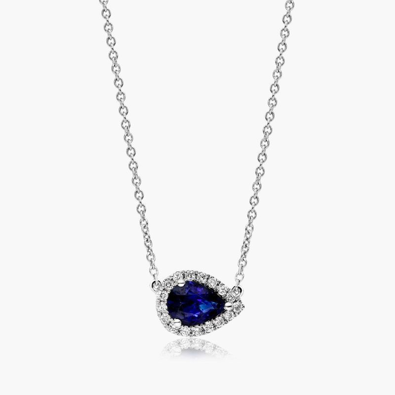18K White Gold Sideways Pear Sapphire and Diamond Halo Necklace