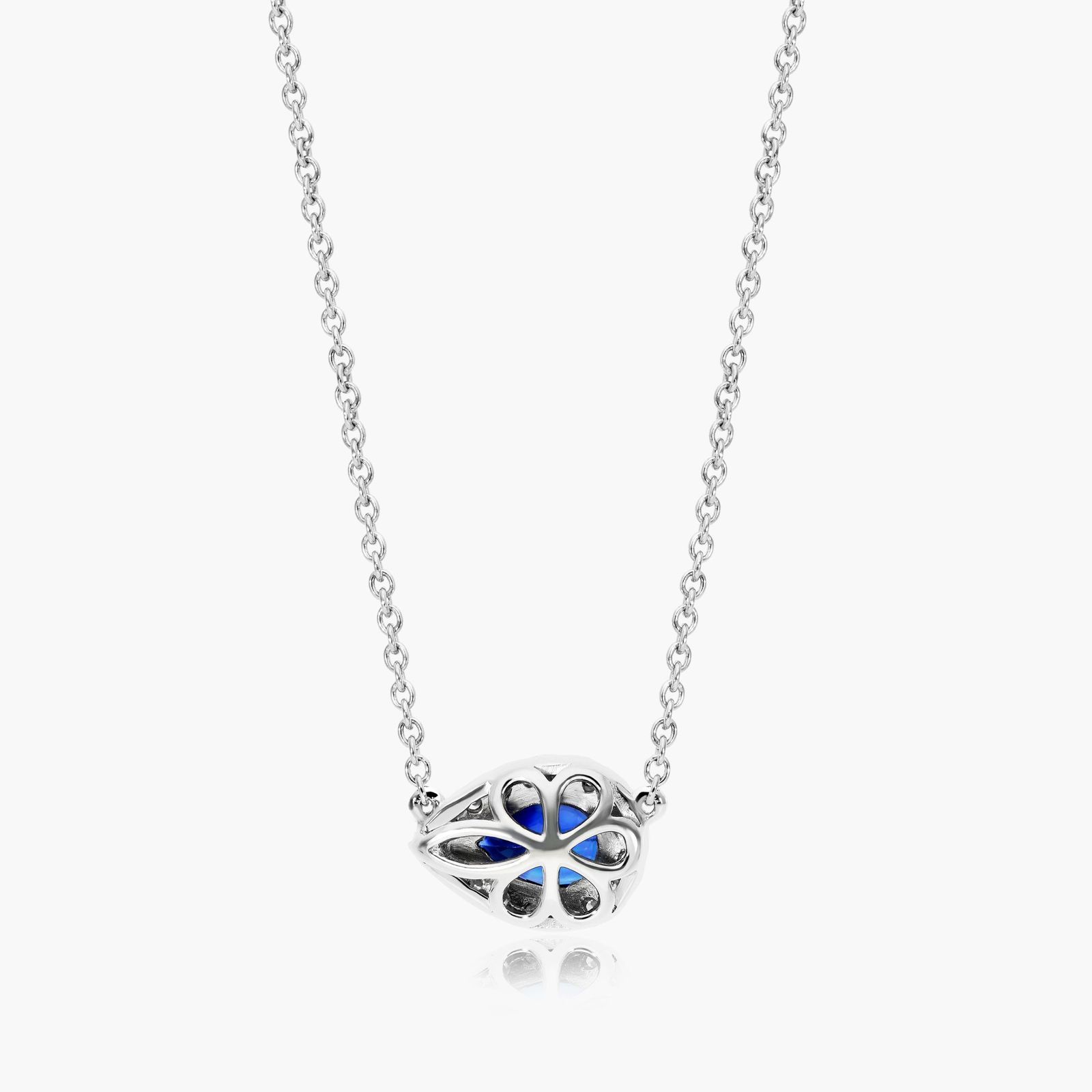 18K White Gold Sideways Pear Sapphire and Diamond Halo Necklace