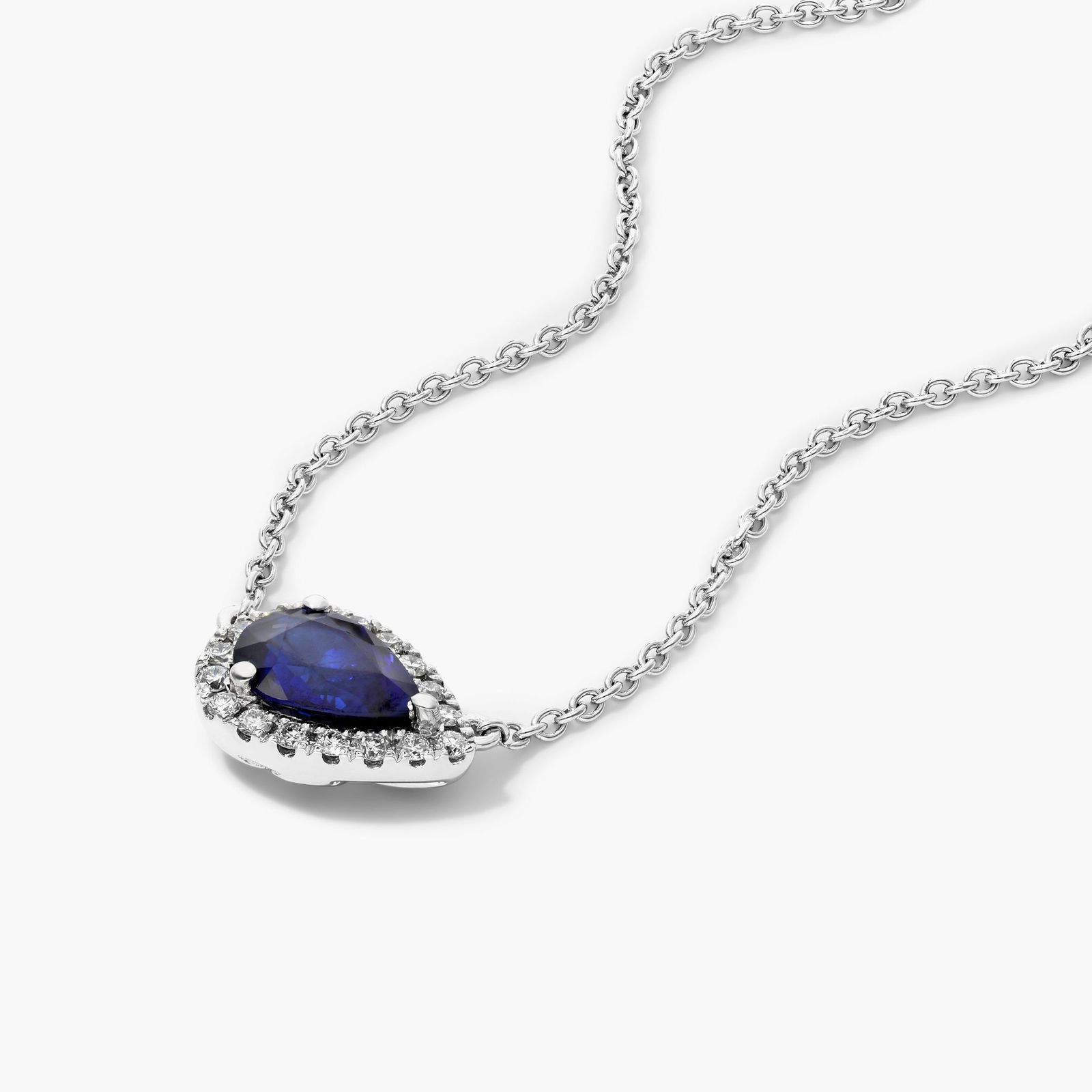 18K White Gold Sideways Pear Sapphire and Diamond Halo Necklace