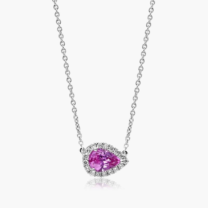 18K White Gold Sideways Pear Pink Sapphire and Diamond Halo Necklace