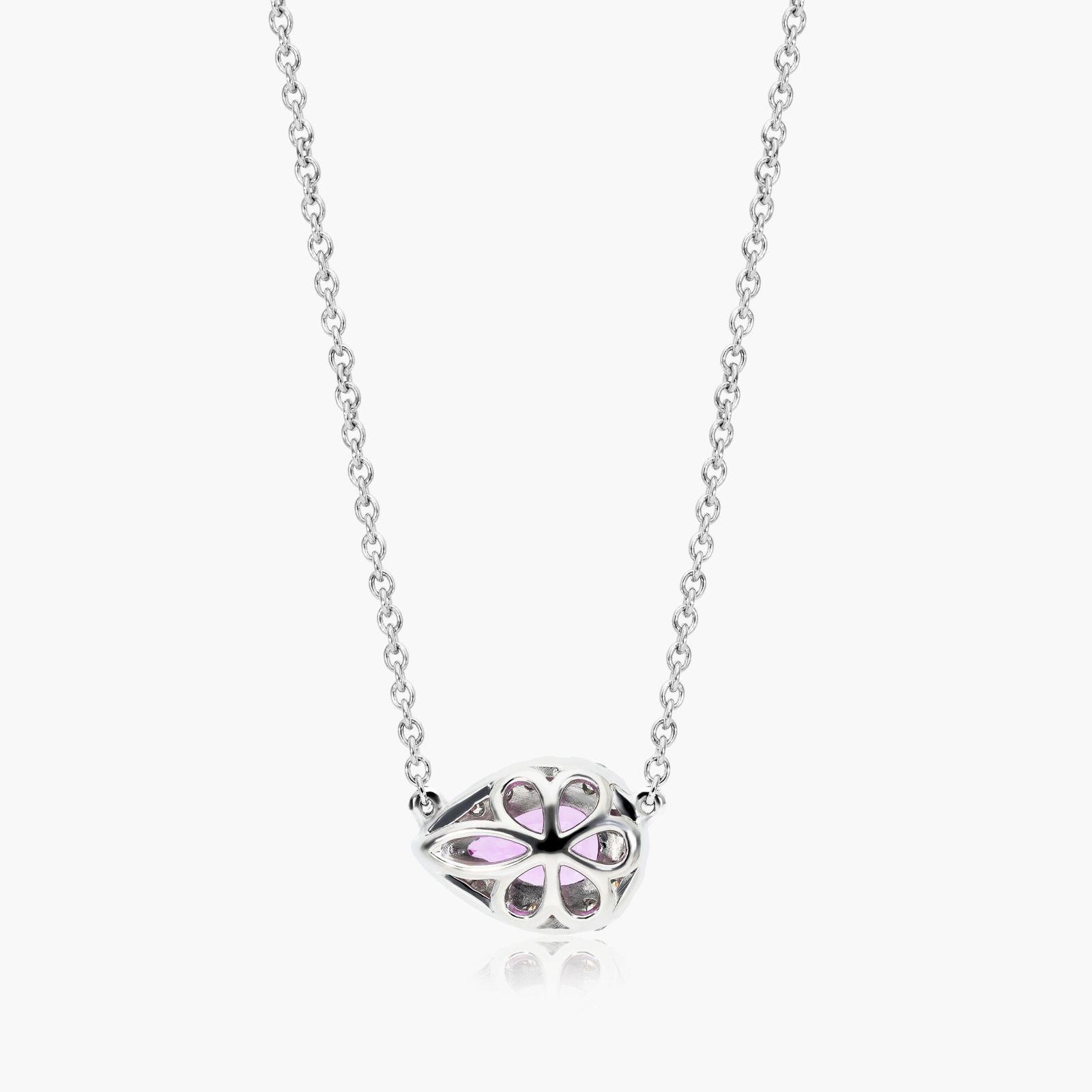 18K White Gold Sideways Pear Pink Sapphire and Diamond Halo Necklace