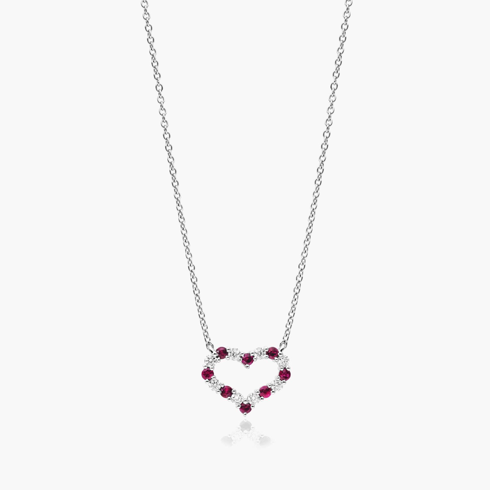 14K White Gold Heart Alternating Ruby and Diamond Necklace