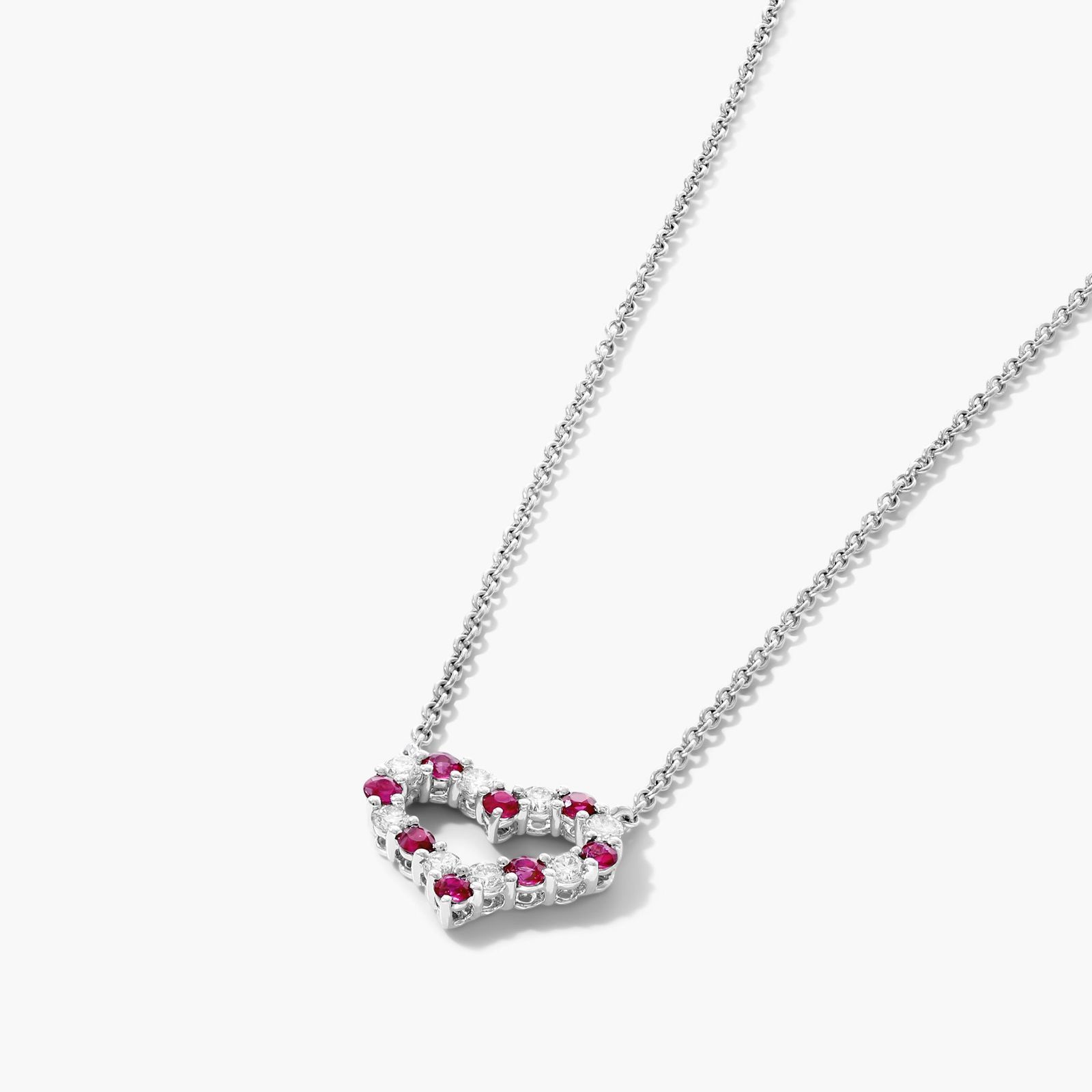 14K White Gold Heart Alternating Ruby and Diamond Necklace
