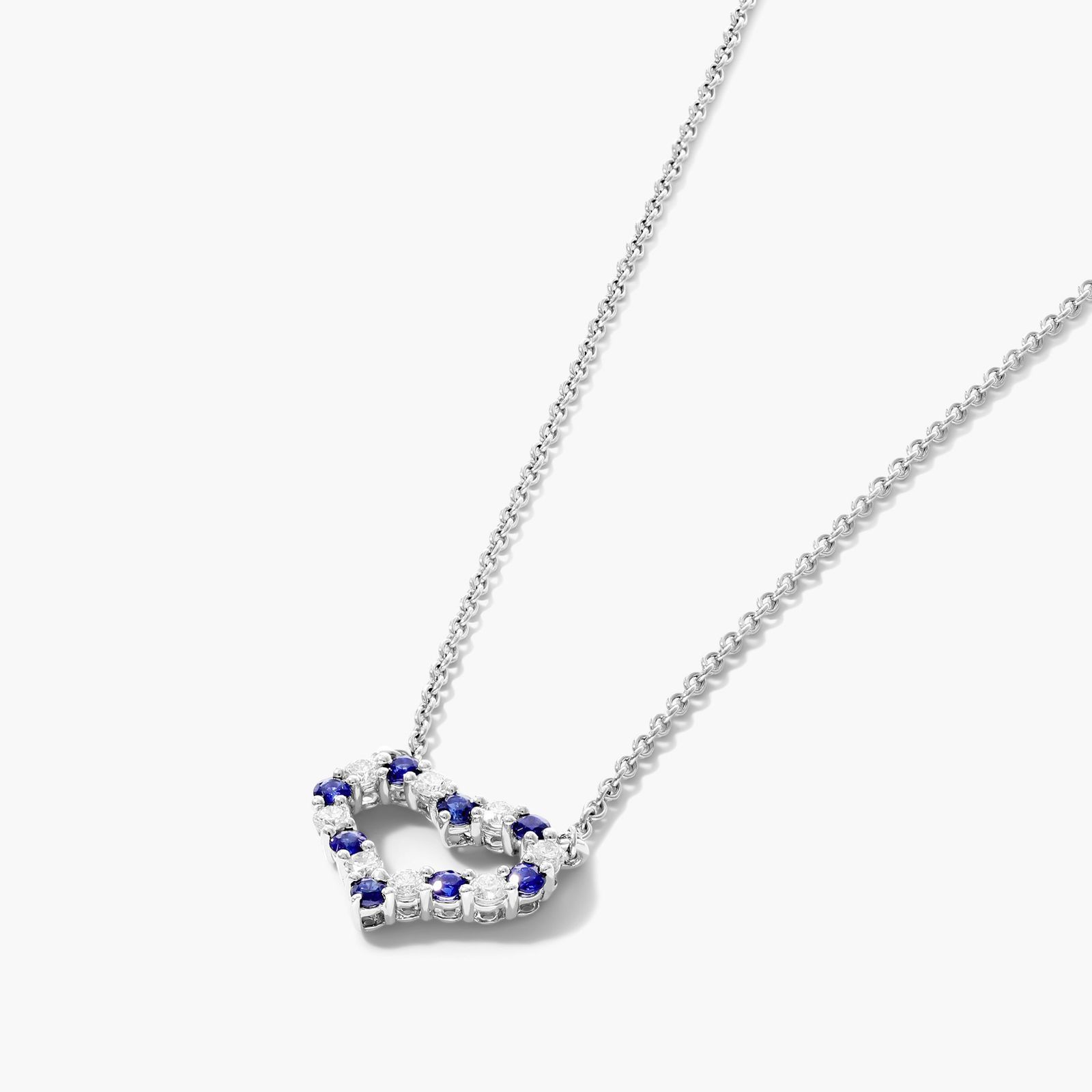 14K White Gold Heart Alternating Sapphire and Diamond Necklace