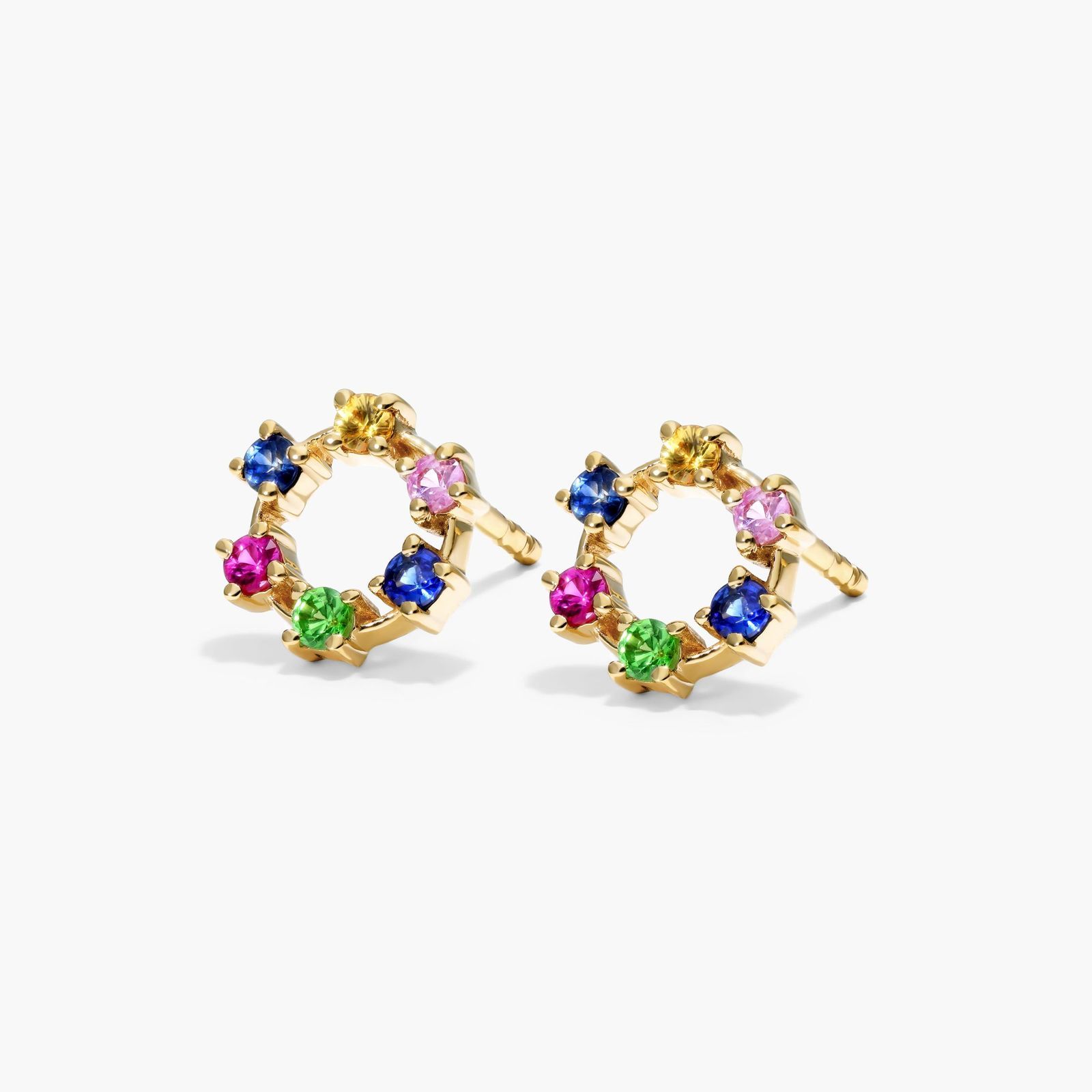 Rainbow Sapphire Circle Stud Earrings In 14K Yellow Gold
