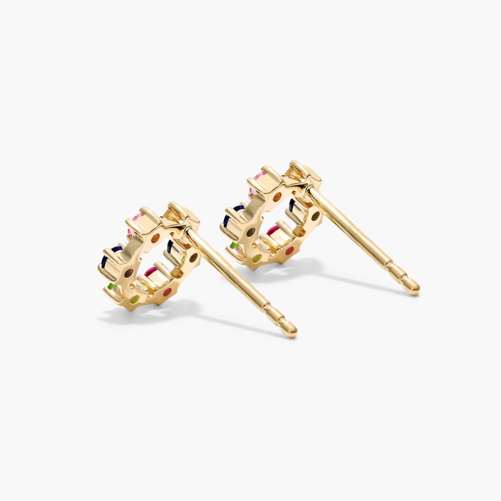 Rainbow Sapphire Circle Stud Earrings In 14K Yellow Gold