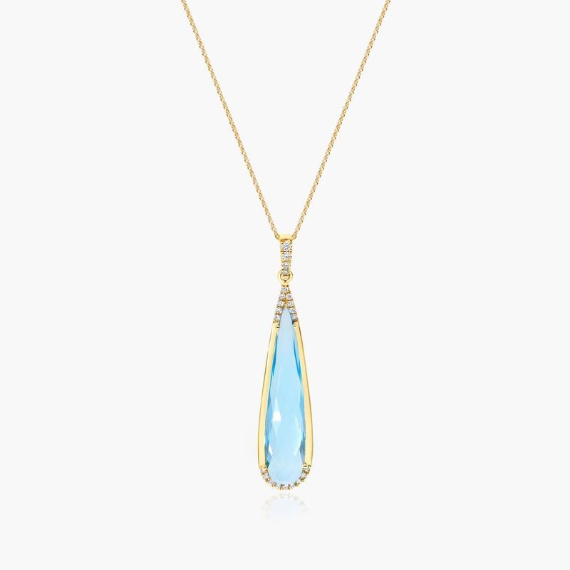 14K Yellow Gold Blue Topaz Elongated Pear Pendant by Brevani