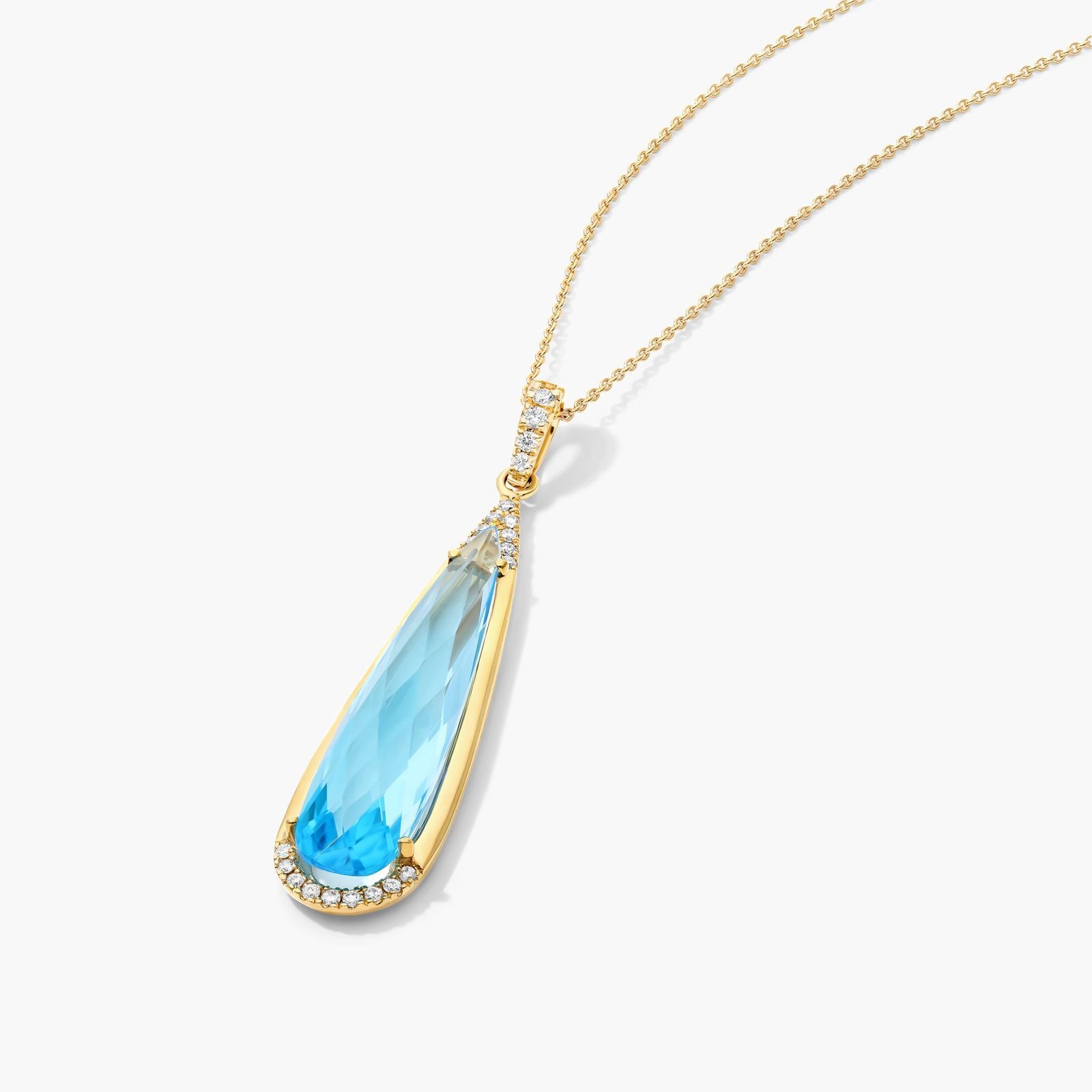 14K Yellow Gold Blue Topaz Elongated Pear Pendant by Brevani