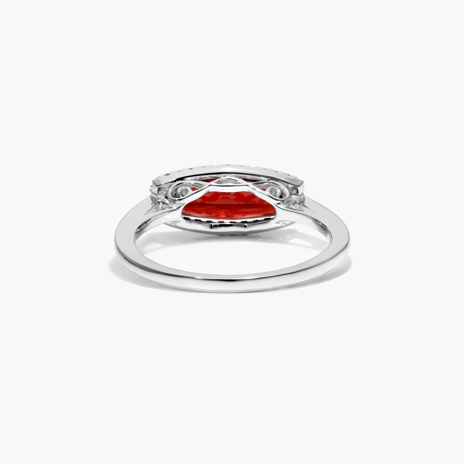 Elongated Garnet Halo Ring In 14K White Gold by Brevani