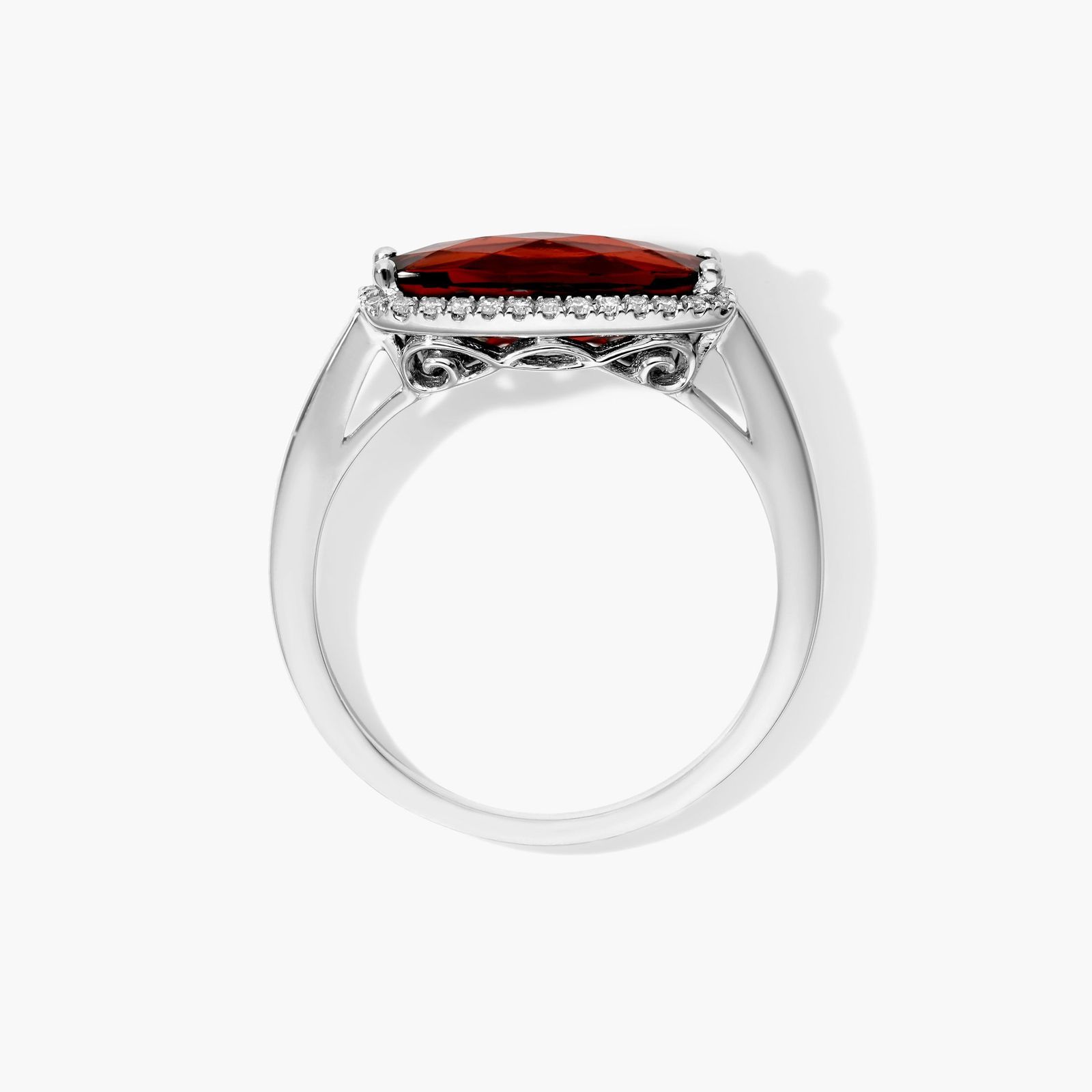 Elongated Garnet Halo Ring In 14K White Gold by Brevani