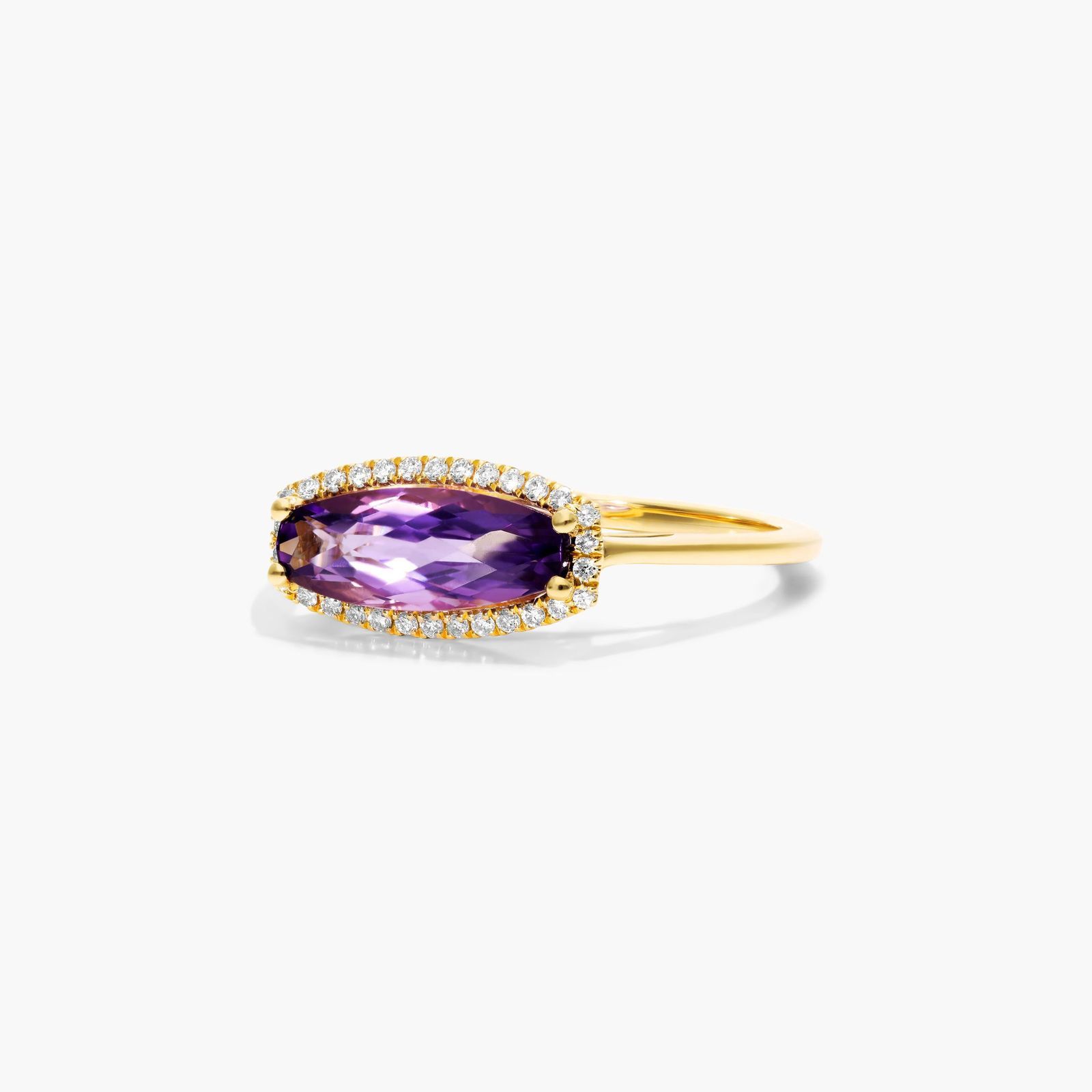 Elongated Amethyst Halo Ring In 14K Yellow Gold by Brevani