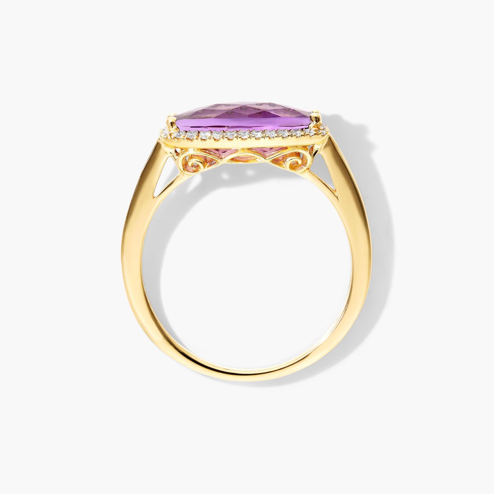 Elongated Amethyst Halo Ring In 14K Yellow Gold by Brevani