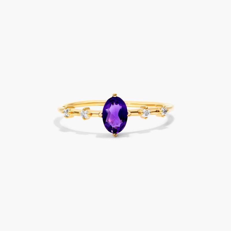 Oval Amethyst And Diamond Birthstone Ring In 14K Yellow Gold