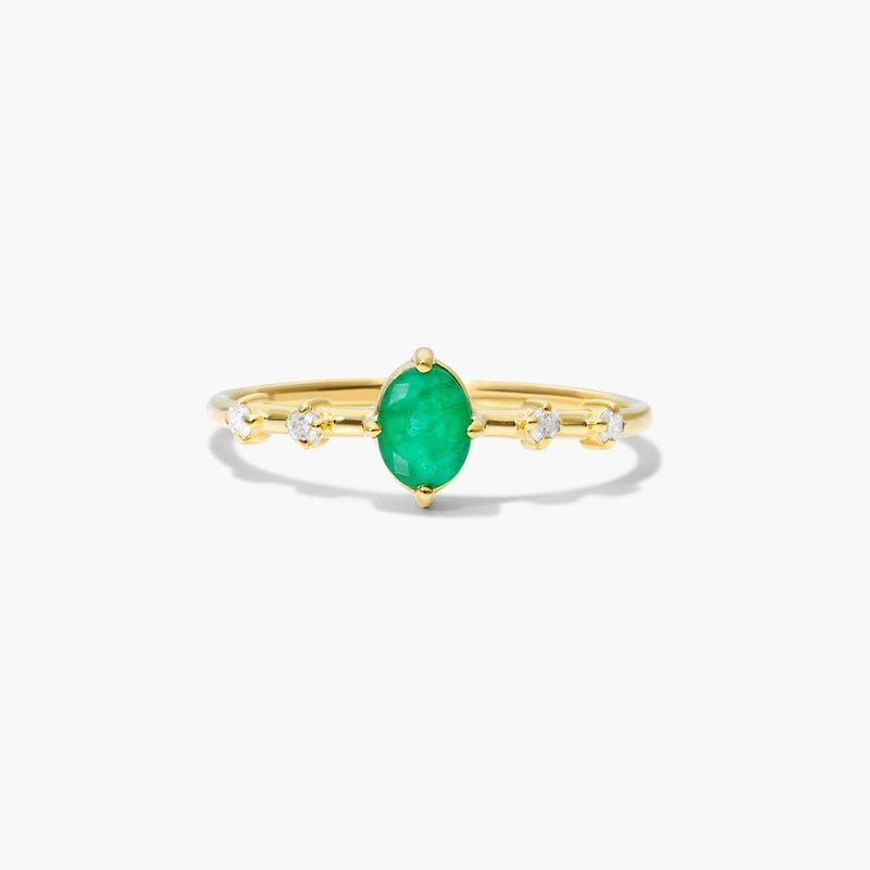 Oval Emerald And Diamond Birthstone Ring In 14K Yellow Gold