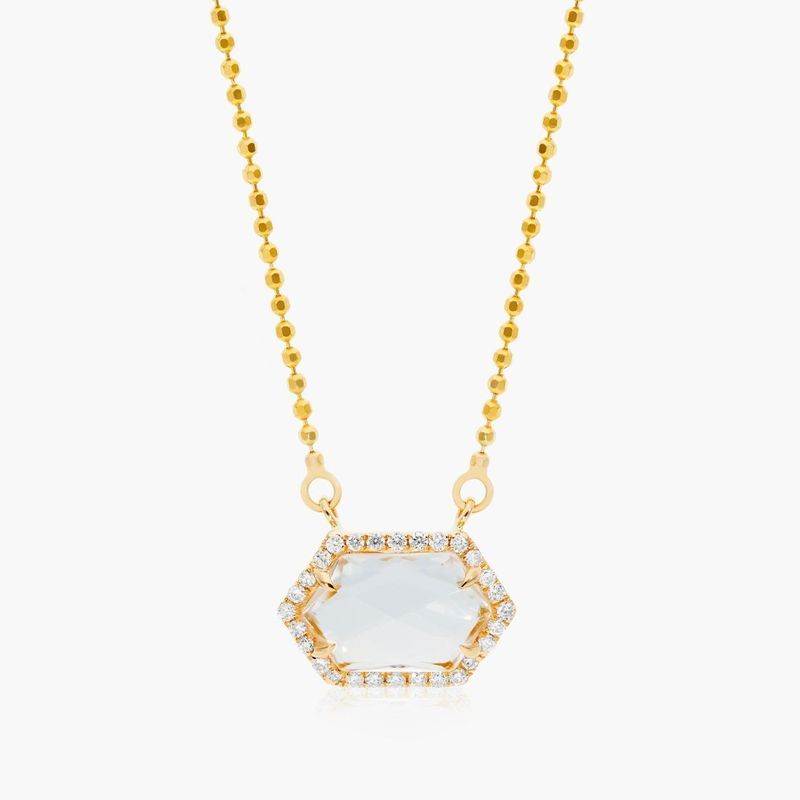 14K Yellow Gold White Topaz Hexagon With Diamond Halo Necklace by Brevani