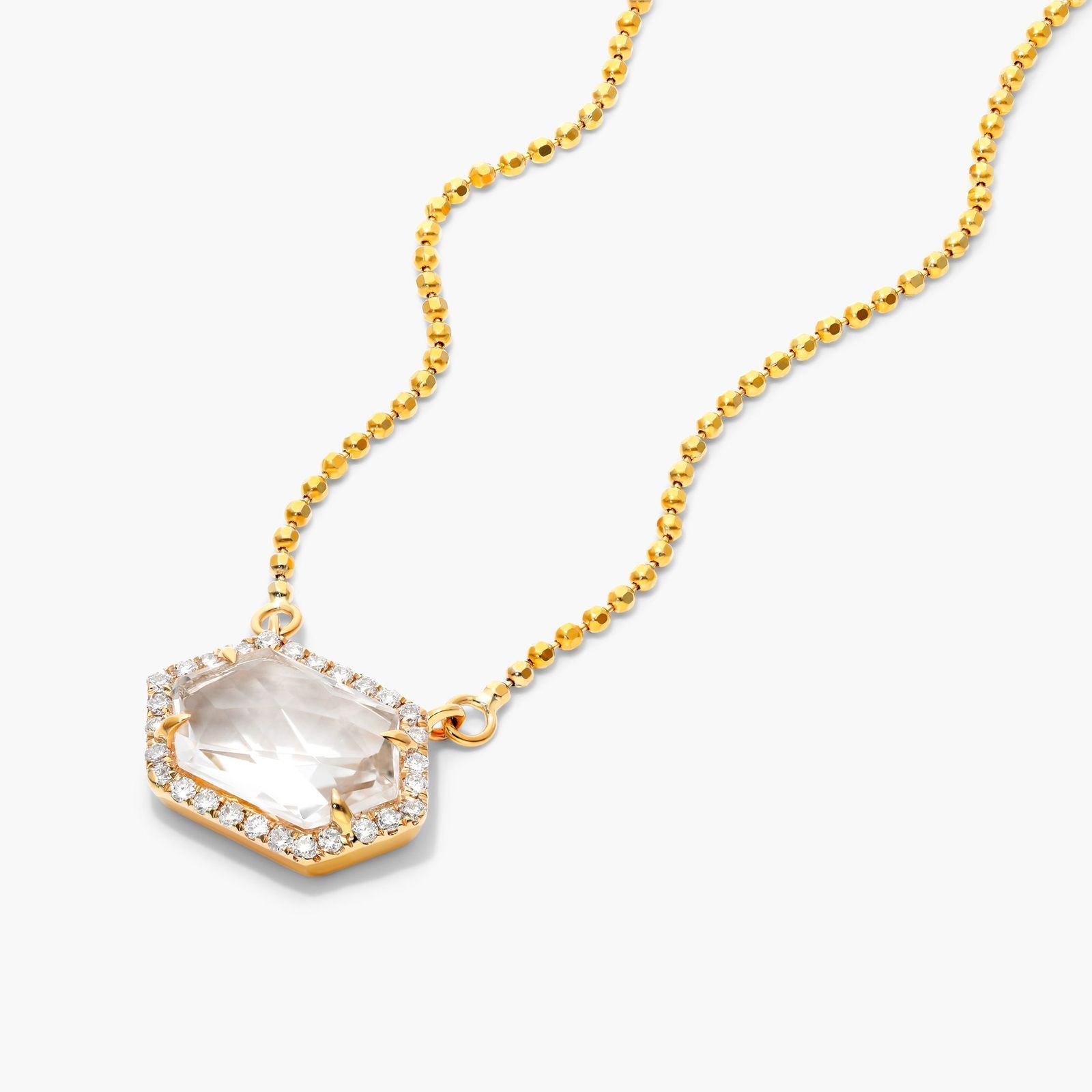 14K Yellow Gold White Topaz Hexagon With Diamond Halo Necklace by Brevani