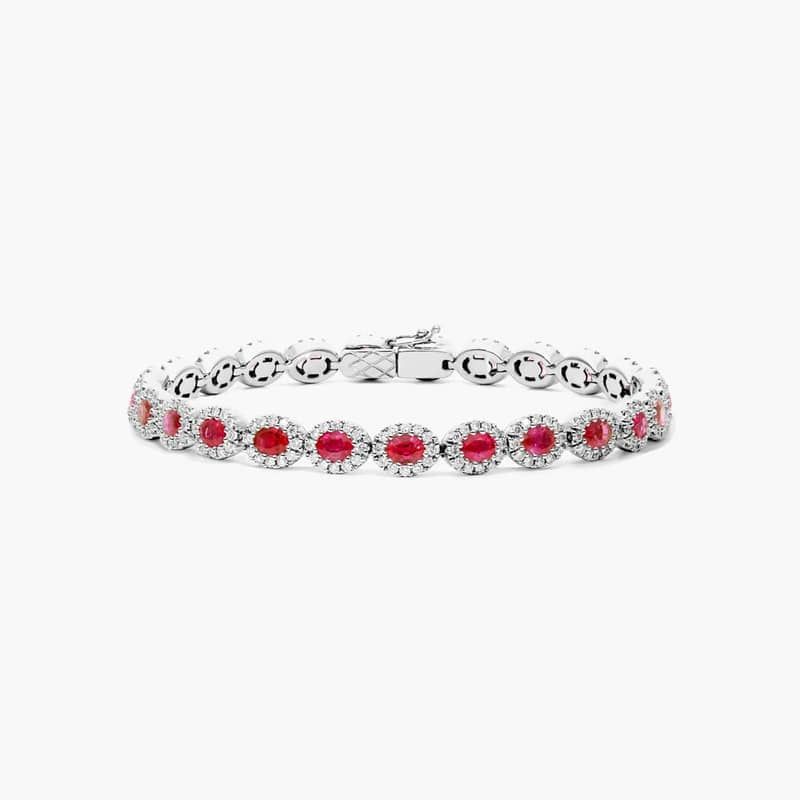 Oval Cut Ruby And Diamond Halo Bracelet In 14K White Gold