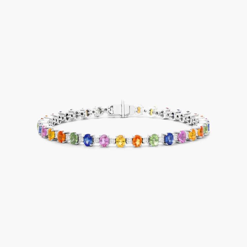 Oval Cut Multi-Color Sapphire And Diamond Tennis Bracelet In 14K White Gold
