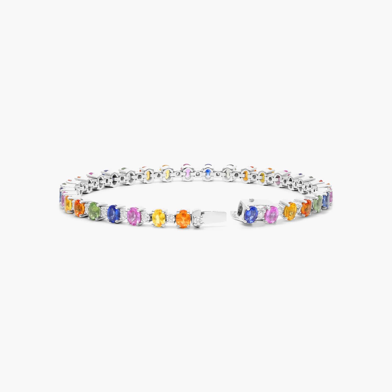 Oval Cut Multi-Color Sapphire And Diamond Tennis Bracelet In 14K White Gold