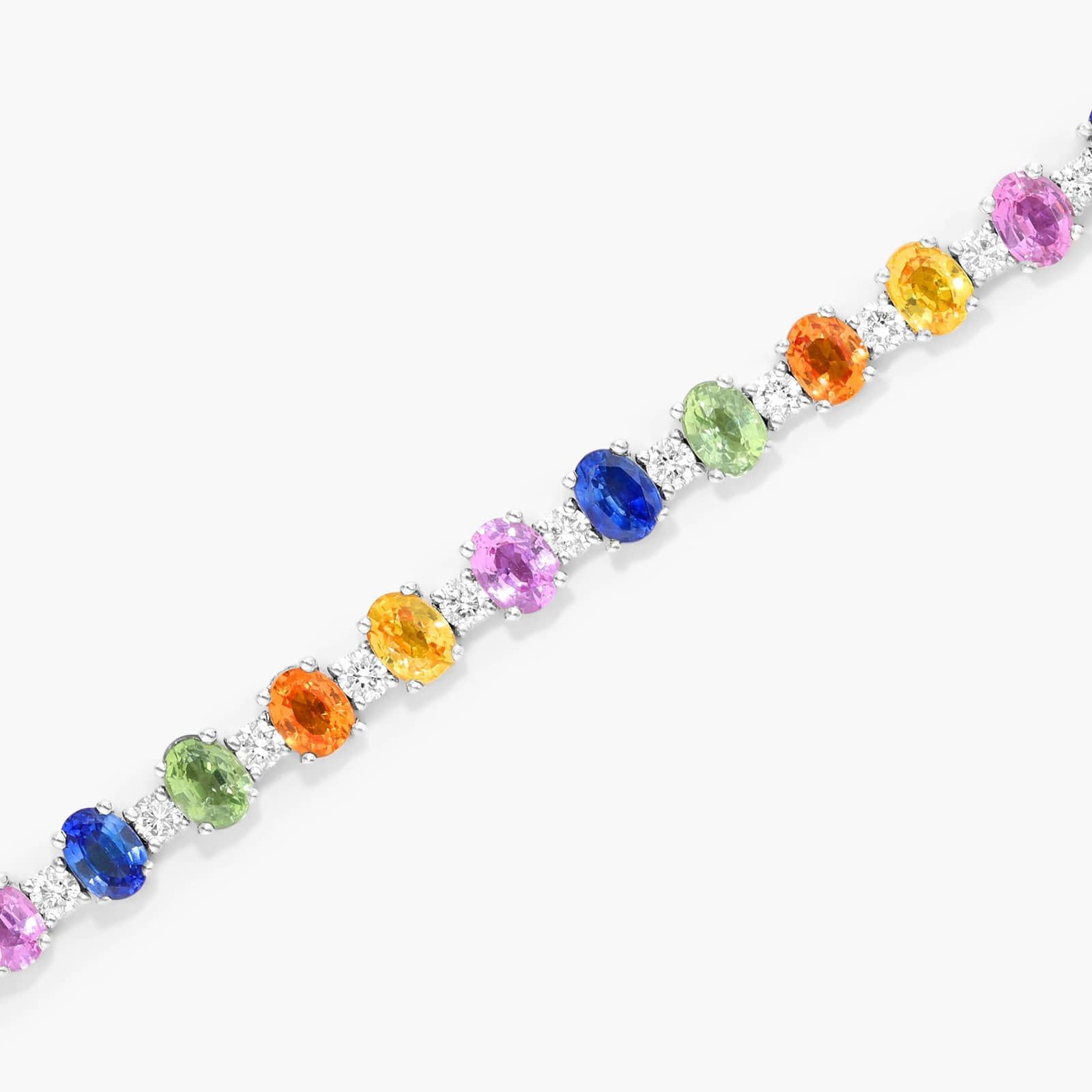 Oval Cut Multi-Color Sapphire And Diamond Tennis Bracelet In 14K White Gold