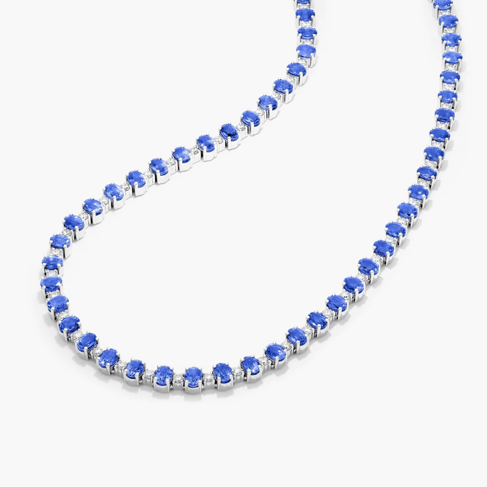 14K White Gold Oval Blue Sapphire and Diamond Tennis Necklace