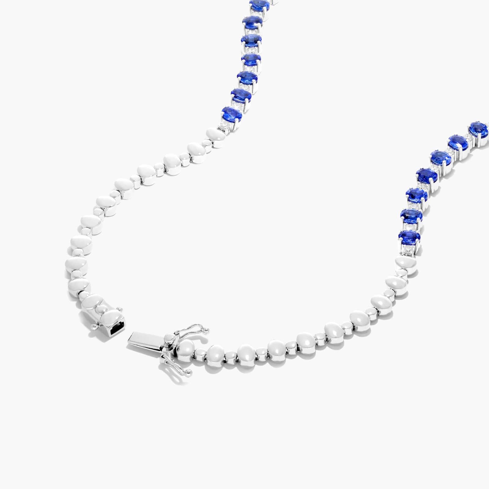 14K White Gold Oval Blue Sapphire and Diamond Tennis Necklace