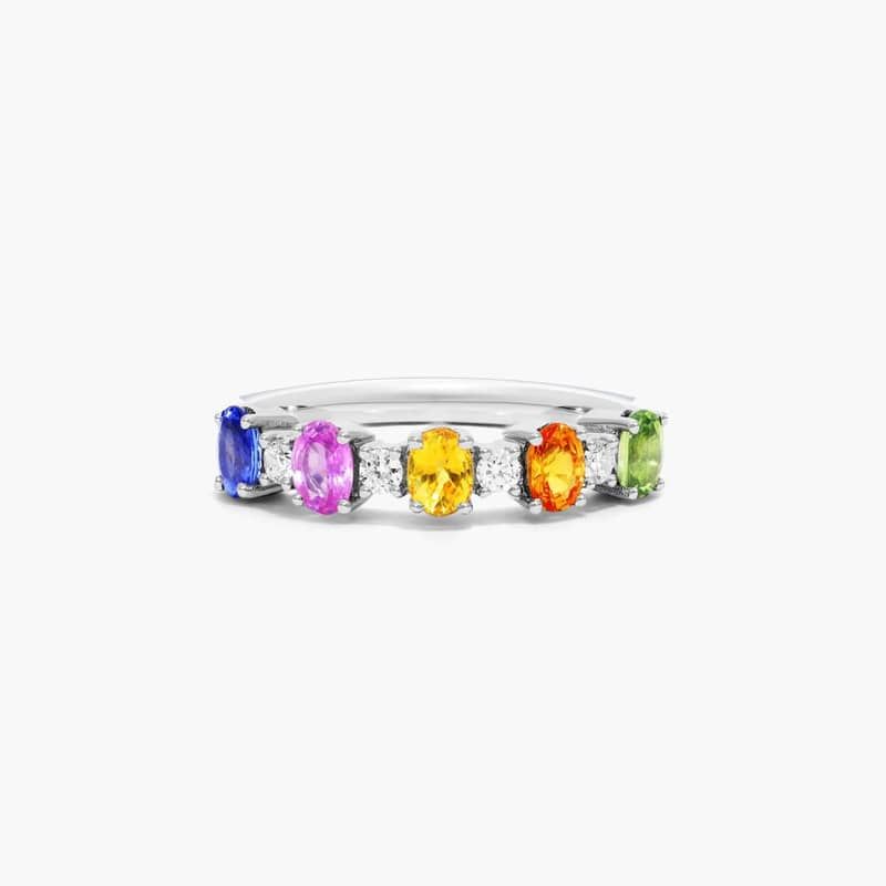 Oval Multi-Color Sapphire And Diamond Ring In 14K White Gold