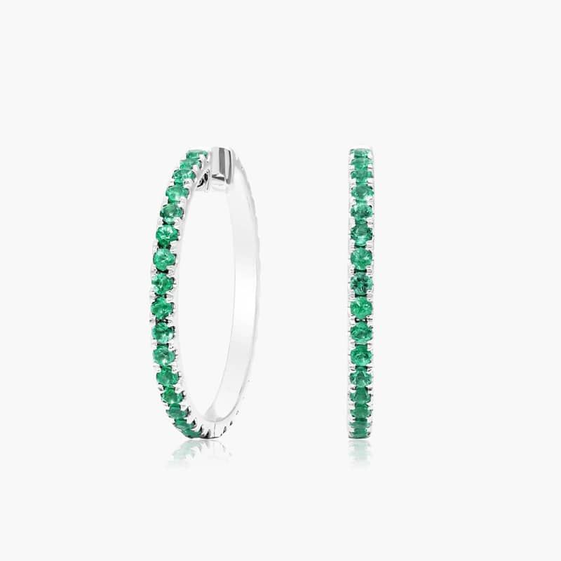 Half And Half Emerald And Diamond Hoop Earrings In 14K White Gold