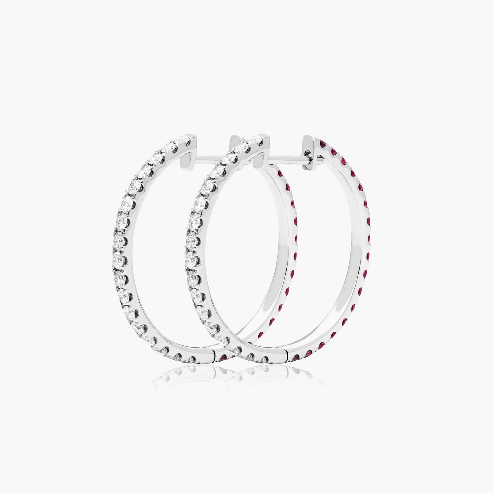 Half And Half Ruby And Diamond Hoop Earrings In 14K White Gold