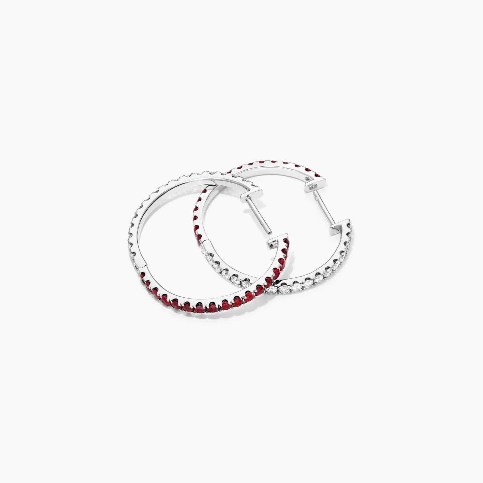Half And Half Ruby And Diamond Hoop Earrings In 14K White Gold