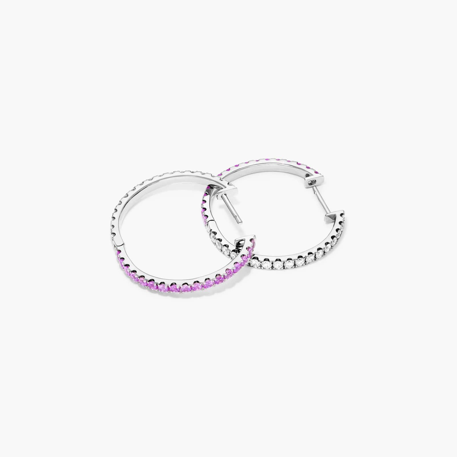 Half And Half Pink Sapphire And Diamond Hoop Earrings In 14K White Gold