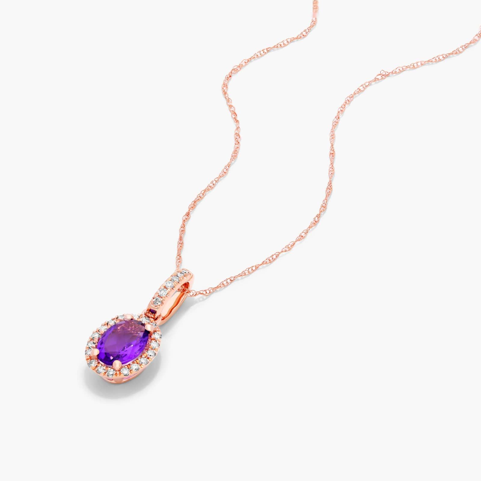 14K Rose Gold Oval Halo Amethyst and Diamond Necklace