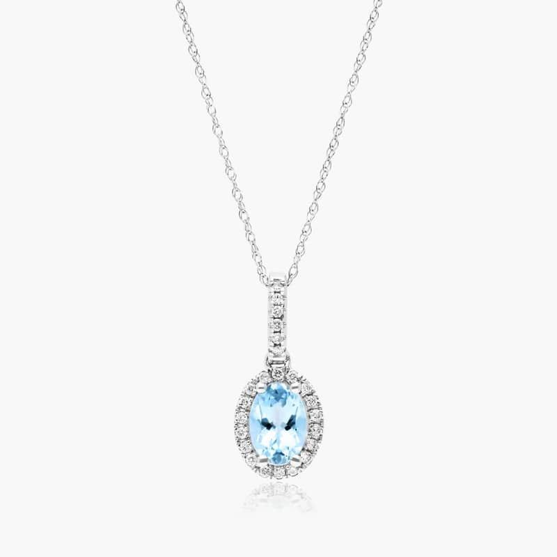 14K White Gold Oval Halo Aquamarine and Diamond Necklace